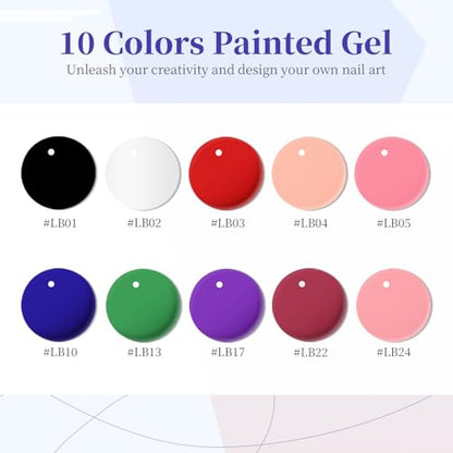 JODSONE Nail Art Gel Liner Set 10 Colors White Red Black White Gel Nail Polish Need U V Lamp Cured with Thin Brush,Gifts for Women - color: 10colors set-2