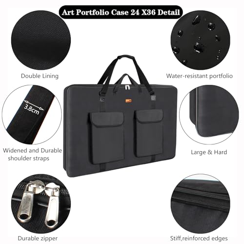 TreochtFUN Art Portfolio Case 24 X 36, Portfolio Bag Soft Water Resistant Fabric Carrying Case with Tote & Strap,A1 Folder for Artwork Storage for Large Poster Board Drawing Supplies (black) - size: 24 x 36