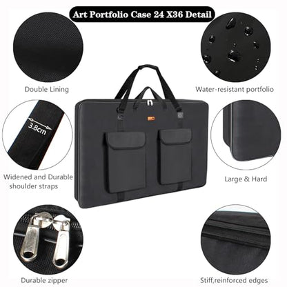 TreochtFUN Art Portfolio Case 24 X 36, Portfolio Bag Soft Water Resistant Fabric Carrying Case with Tote & Strap,A1 Folder for Artwork Storage for Large Poster Board Drawing Supplies (black) - size: 24 x 36