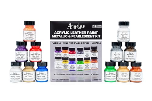 Angelus Acrylic Leather Paint Kit Metallic & Pearlescent 12 Pack Set (1 oz each) - Professional Metallic Acrylic Paint - Flexible, Crack, Peel Resistant for Shoes, Sneakers, Canvas, Demin, Wood