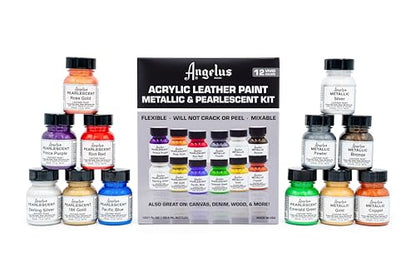 Angelus Acrylic Leather Paint Kit Metallic & Pearlescent 12 Pack Set (1 oz each) - Professional Metallic Acrylic Paint - Flexible, Crack, Peel Resistant for Shoes, Sneakers, Canvas, Demin, Wood