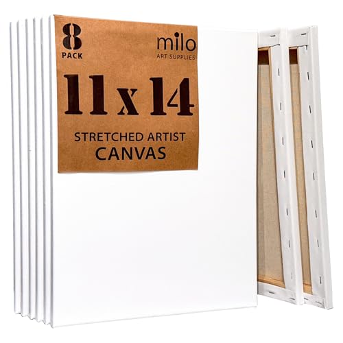 milo Stretched Artist Canvas | 11x14 inch | Value Pack of 8 Canvases for Painting, Primed & Ready to Paint Art Supplies for Acrylic, Oil, Mixed Wet Media, & Pouring, 100% Cotton with Pine Wood Frame - size: 11" x 14"