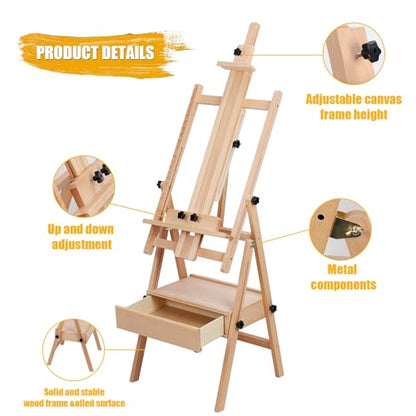 H Frame Easel Stand, Adjustable Beech Wood Studio Artist Painting Easel, Easel, Painting Canvas Holder, Tilts Flat Artist Easel Wooden Color