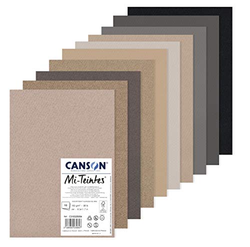 CANSON Mi-Teintes Coloured Drawing 160gsm A4 Paper Pack, Double Sided: Honeycomb & Fine Grain, 10 Grey Colour Sheets, for Professional Artists & Illustrators - color: Assorted