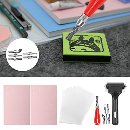 Complete Rubber Carving Kit, Ink Even Brayer Roller Set, Multi Blade Carving Tools Set, for Handmade Stamp Production Student Art Creation DIY