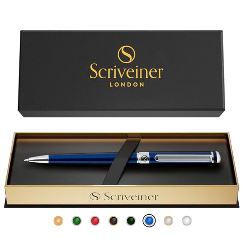 Scriveiner Midnight Blue Ballpoint Pen - Stunning Blue Lacquer Luxury Pen, Chrome Finish, Schmidt Black Refill, Best Ball Pen Gift Set for Men & Women, Professional Executive Office, Nice Designer Pen - color: 6. Midnight Blue with Chrome