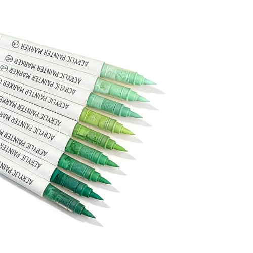 Green Acrylic Paint Markers, 9 Colors Acrylic Paint Pens Water Based and Soft Brush Tip for Wood Glass Eggs Rock Painting Canvas Stone Fabric DIY Crafts Art Supplies (Green) - color: Green