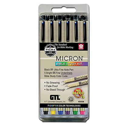 G.T. Luscombe Company, Inc. Pigma Micron 01 Fine & 05 Medium Point Bible Study Pen Kit | No Smearing or Fading | Bible Safe | Artist Pens | No Bleed Pigmented Ink (Set of 6) | New Packaging | - style: Set of 6