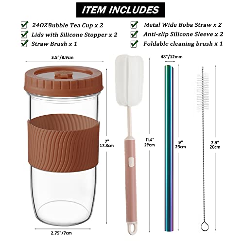 Amyoole 2 Pack Reusable Boba Cup,24Oz Wide Mouth Smoothie Cup,mason Jar Glass Cups with Lids and Straws,Bubble/Boba Tea Cups,Ice Coffee Tumbler 2 colored straws 1 sponge brush(Brown) - color: Brown