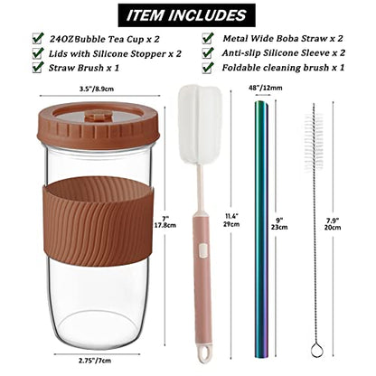 Amyoole 2 Pack Reusable Boba Cup,24Oz Wide Mouth Smoothie Cup,mason Jar Glass Cups with Lids and Straws,Bubble/Boba Tea Cups,Ice Coffee Tumbler 2 colored straws 1 sponge brush(Brown) - color: Brown