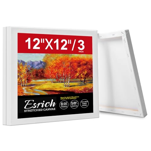 ESRICH Stretched Canvas for Painting 12x12 Inch, 3 Pack Square Painting Canvas -5/8 in Profile Primed Cotton White Blank Canvases for Painting for Oil & Acrylic Paint - size: 12x12in 3pack