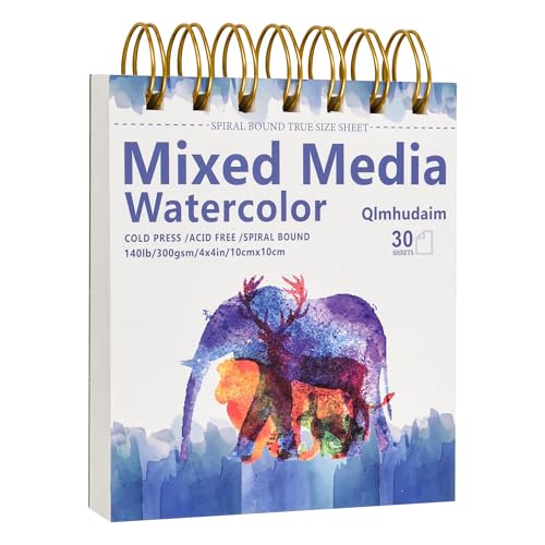 Qlmhudaim Mixed Media Sketchbook 4" x4”| 30 Sheets 140lb/300g,Spiral - Bound with Tear - Line| Artist-Grade for Water Color Paper/Sketch Book |A Compact Watercolor Paper,Sized Exercises or Travel - size: 4 x 4 Inches (1 pack)