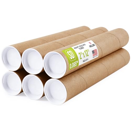 2" x 12" Reinforced Kraft Paper Mailing Tube, Pack of 6 Tubes with 12 Caps – Secure USPS Approved Poster Tube – Made in USA Cardboard Tube for Shipping and Storing Posters, Prints, Artwork - color: Standard-Duty, size: 2" x 12"