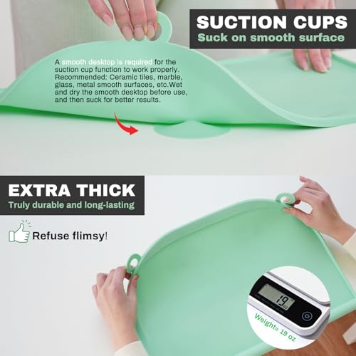 Large Silicone Suction Table Mat, 17" x 12" Thick Placemat with Edge-Bumper, Raised Edge Leakproof, Non-Slip for Kids Toddler Baby Essentials Dinning, Restaurant Eating, Plates, Art, Craft & Painting - color: Green