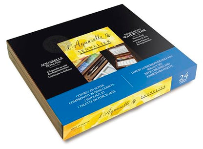 SENNELIER L'Aquarelle Wood Watercolor Half Pan Set, 24 Half Pans, Porcelain Palette, Brushes Size 2 and 3 (10-131614-00)