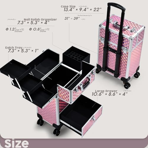 Rolling Makeup Case with Drawer Cosmetology Case on Wheels Makeup Trolley Sliding Drawer Makeup Travel Case for Esthetician, Mobile Stylist, Manicurist Barber Case Traveling Cart Trunk Glitter Pink - color: Pink