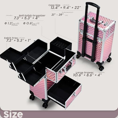 Rolling Makeup Case with Drawer Cosmetology Case on Wheels Makeup Trolley Sliding Drawer Makeup Travel Case for Esthetician, Mobile Stylist, Manicurist Barber Case Traveling Cart Trunk Glitter Pink - color: Pink