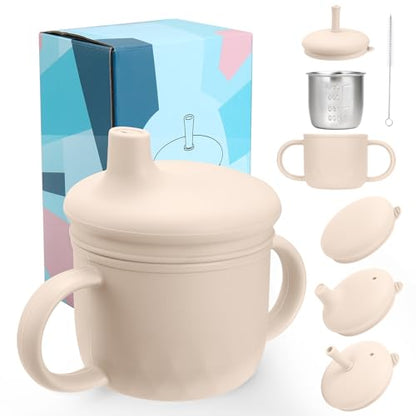 Mity rain 3-In-1 Stainless Steel Sippy Cup for 6+ Month Old, Baby Straw Cups for Toddlers 1-3 with Travel Lid, Silicone Straw, Replacement Straw & Cleaning Brush - 8oz Toddler Cups Spill Proof Set - color: Beige