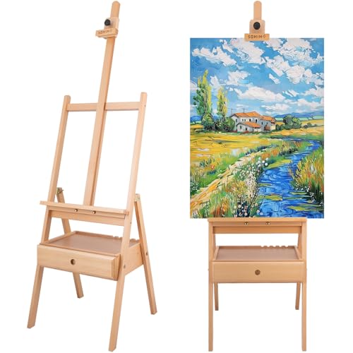 Large Wooden H-Frame Studio Easel, Solid Beechwood Easel Stand with Storage Drawer, Height Adjustable to 35Inches High, Suitable for Painting, Sketching and Displaying, Natural - style: Basic Natural