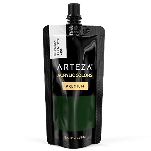 ARTEZA Acrylic Paint Deep Green Color (120 ml Pouch, Tube), Rich Pigment, Non Fading, Non , Single Color Paint for Artists and Hobby Painters - color: Deep Green A158, size: 4.06 Fl Oz (Pack of 1)