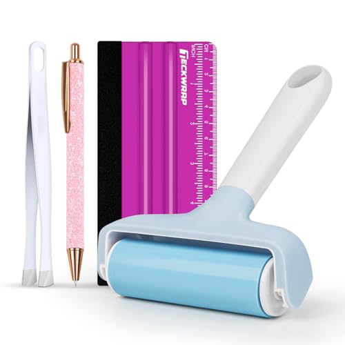 TECKWRAP Brayer Roller for Crafting, 4 PCS Rubber Roller Tool Set with Felt Squeegee, Flat Tweezers & Pin Pen for Iron-On, Inkjet Vinyl Stickers, Relief Printing, Printmaking, Stamping & Scrapbooking - color: Blue 4 set