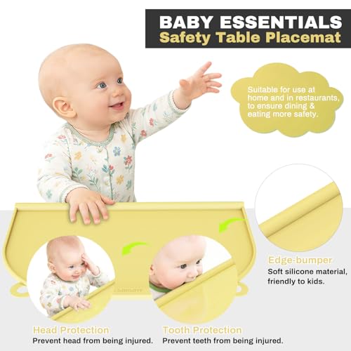 Large Silicone Suction Table Mat, 17" x 12" Thick Placemat with Edge-Bumper, Raised Edge Leakproof, Non-Slip for Kids Toddler Baby Essentials Dinning, Restaurant Eating, Plates, Art, Craft & Painting - color: Yellow