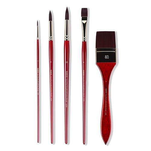 rubens Acrylic Paint Brushes, 5 Pcs Professional Paint Brushes Set, Long Wooden Handles Artist Series Brushes Nylon Bristles with Wide Flat, Flat, Round for Acrylic Oil Gouache Watercolor Painting - size: Round 1,8,12, Flat 8, Wide Flat 2