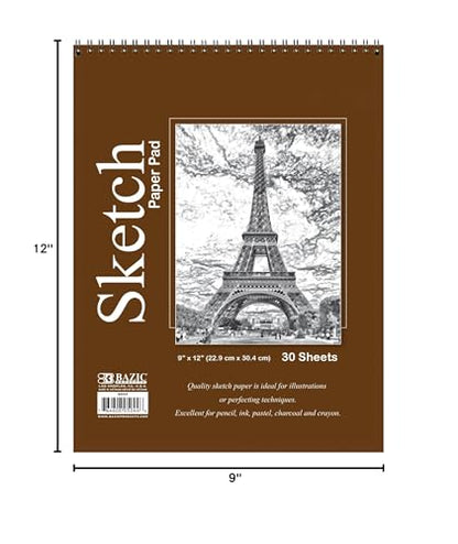 BAZIC Products Spiral Sketch Pad, Top Bound, 9 x 12 in, 30 Sheets | 30-sheet spiral sketch pad, smooth drawing paper for sketching, shading - color: 30 Sheets - 9"x12", size: 1-Pack