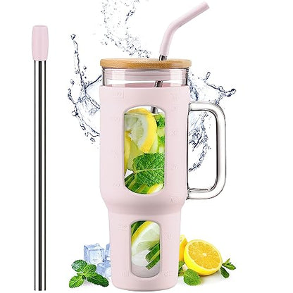 WINSA Glass Tumbler with Lid and Straw, 46 oz Iced Coffee Cup with Handle, Large Water Bottles with Silicone Sleeve, Glass Cup with Straws - Pearl Straw & Drinking Straw BPA Free-CottonPink - color: CottonPink, size: 46 Ounces
