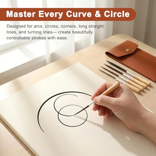 5 pcs Long Liner Brushes, Script Liner Brush with Case, Extra Long Fine Point Tip Detail Paint Brushes for Pinstriping Scroll Outlining, Watercolor, Acrylic, Oil