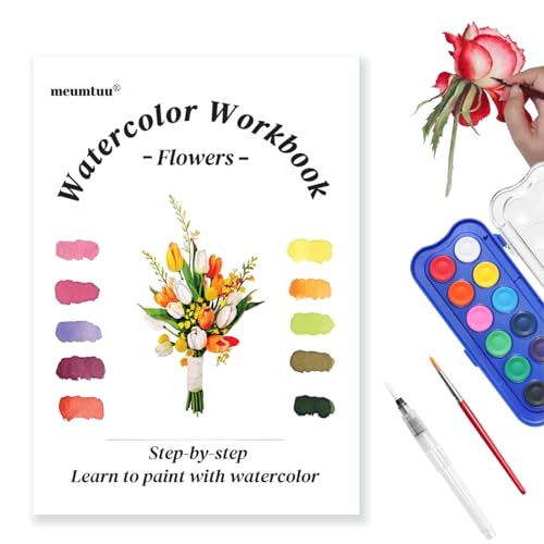 Watercolor Workbook for Beginners - Water Colors Paint Adult Set Including Video and Step by Step Tutorials,12 Flowers Water Coloring Book，300GSM Bleed-Resistant Paper，Relaxing Art Gift for Adults (Floral with Paints) - color: Floral with Paints
