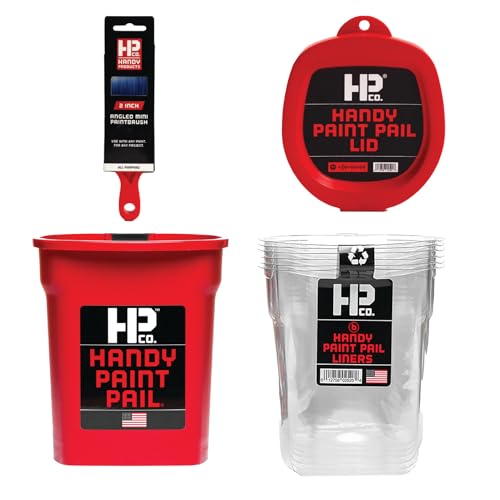 Handy Paint Pail Kit, 32 fl oz Paint Holder with 6 Disposable Liners, Snap-On Lid and 2-Inch Angled Mini Brush for Trim, Cut-Ins, and Small Painting Projects, Red Kit