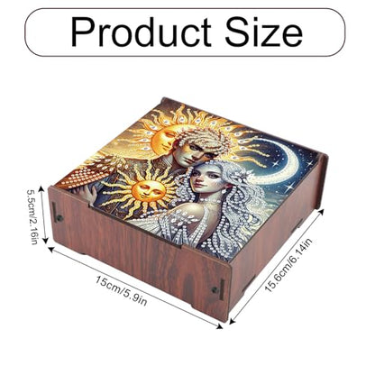 DIY Diamond Art Storage Box, Sun & Moon Deity Design Wooden Diamond Painting Case with Flip-Top Lid and 4 Divided Compartments, Desktop Craft, Jewelry and Accessories Supplies Storage Container - color: Sun & Moon