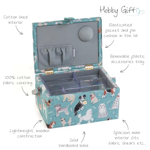Hobby Gift Medium Sewing Box Organiser, Fabric Covered Storage Box with Handle, Internal Tray, Pin Cushion and Pocket for Sewing, Quilting and Knitting Supplies - color: Dogs