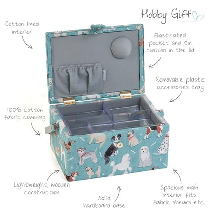 Hobby Gift Medium Sewing Box Organiser, Fabric Covered Storage Box with Handle, Internal Tray, Pin Cushion and Pocket for Sewing, Quilting and Knitting Supplies - color: Dogs