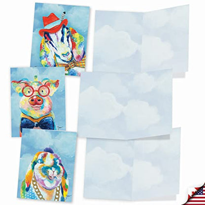 The Best Card Company - 10 Adorable Note Cards Blank (4 x 5.12 Inch) - Wildlife and Animal, Assorted Boxed Set - Funny Farm M6563OCB-NB - style: Funny Farm