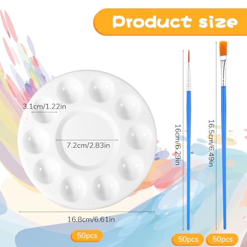 150 Pcs Painting Brushes Palettes Set, Including 50 Painting Palettes with 10 Wells, 100 Small Paint Brushes (Flat/Round), Nylon Brush Head, Paint Supplies for Acrylic Oil Watercolor Canvas Art DIY