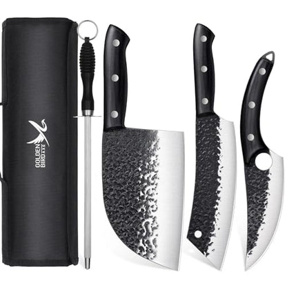 Golden Bird Butcher Knife Set - 4pcs Hand Forged Meat Cleaver Knife & Serbian Chef Knives & Sharp Viking Knives for Meat Cutting, Camping, BBQ, Christmas Gifts for Men Women - size: 13.4inches