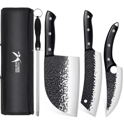 Golden Bird Butcher Knife Set - 4pcs Hand Forged Meat Cleaver Knife & Serbian Chef Knives & Sharp Viking Knives for Meat Cutting, Camping, BBQ, Christmas Gifts for Men Women - size: 13.4inches