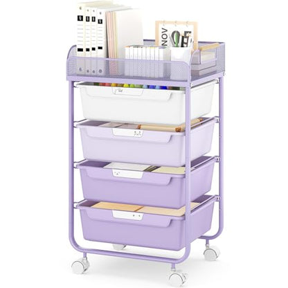SYKIARIOL 4-Drawer Rolling Storage Cart with Mesh Top, Utility Craft Organizer Cart on Wheels with DIY Labels, Rolling Drawer Cart for Home Office Classroom Bedroom, Purple - color: Purple