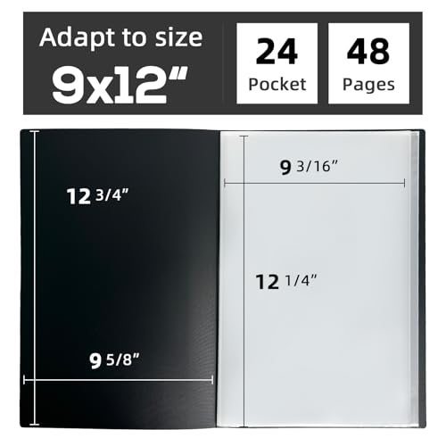 JJRING 9x12 Art Portfolio Folder with Plastic Sleeves, 24-Pocket Portfolio Binder Displaying 48 Pages, Presentation Book with Black Inner Paper for Artwork Storage, Black - size: 9*12