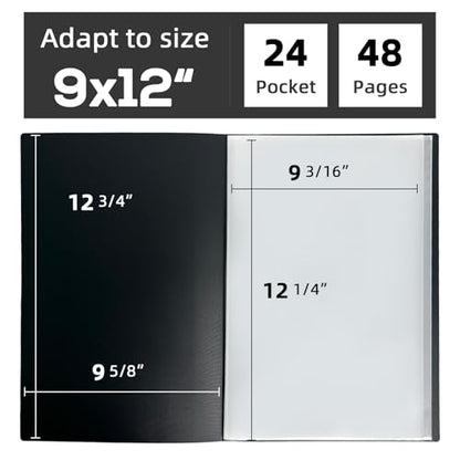 JJRING 9x12 Art Portfolio Folder with Plastic Sleeves, 24-Pocket Portfolio Binder Displaying 48 Pages, Presentation Book with Black Inner Paper for Artwork Storage, Black - size: 9*12