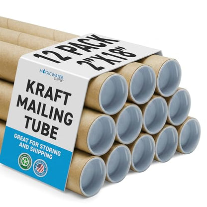 MagicWater Supply Heavy Duty Mailing Tubes - Durable Cardboard for Shipping, Storing & Protecting Posters Artwork Documents and Blueprints with Secure End Caps - 12 Pack 2 in x 18 in Kraft - US Made.