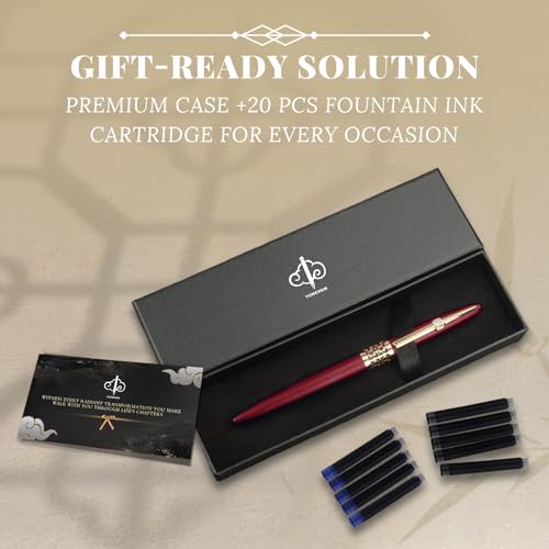 YUNCHUN Refillable Fountain Pen Fine Nib, Fancy Ink Pen with 10 Black & 10 Blue Ink Refills Cartridges, Cool Ink Pens for Writing, Business Metal, Best Gift Set for Men & Women, Red - color: Red, style: Fine Point