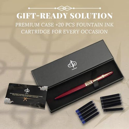YUNCHUN Refillable Fountain Pen Fine Nib, Fancy Ink Pen with 10 Black & 10 Blue Ink Refills Cartridges, Cool Ink Pens for Writing, Business Metal, Best Gift Set for Men & Women, Red - color: Red, style: Fine Point