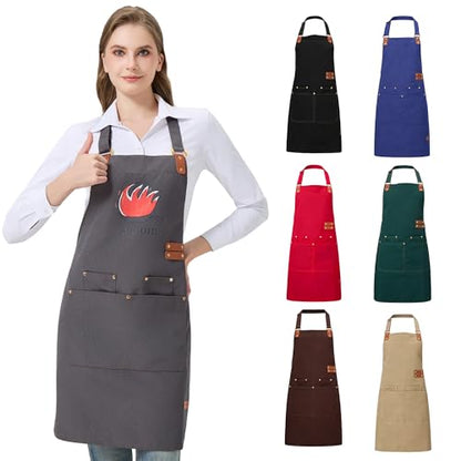 Personalized Waterproof Canvas Apron Custom Logo - Heavy Duty Cross Back 4 Pockets for Men Women Chef Barista - color: Grey