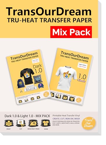 TransOurDream Tru-Heat Transfer Paper for Dark and Light Fabric (15+15 Sheets, 8.5x11", Mix Pack) Printable HTV Heat Transfers Vinyl for Inkjet Printers Iron on Transfers for T Shirts - color: Mix-D1L1, size: 30 Sheets
