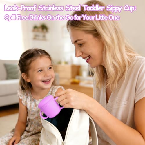 Mity rain 3-In-1 Stainless Steel Sippy Cup for 6+ Month Old, Baby Straw Cups for Toddlers 1-3 with Travel Lid, Silicone Straw, Replacement Straw & Cleaning Brush - 8oz Toddler Cups Spill Proof Set - color: Purple