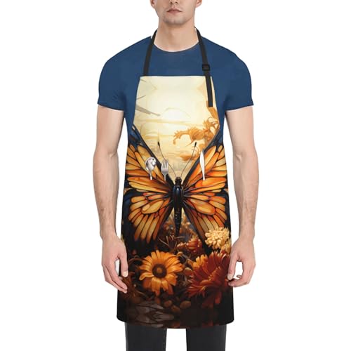 Prancing Brown Horse Heavy Duty Waterproof Apron with Pockets for AdultsResistant Grilling, Gardening, Painting - color: Orange Yellow Butterfly Field Flowers
