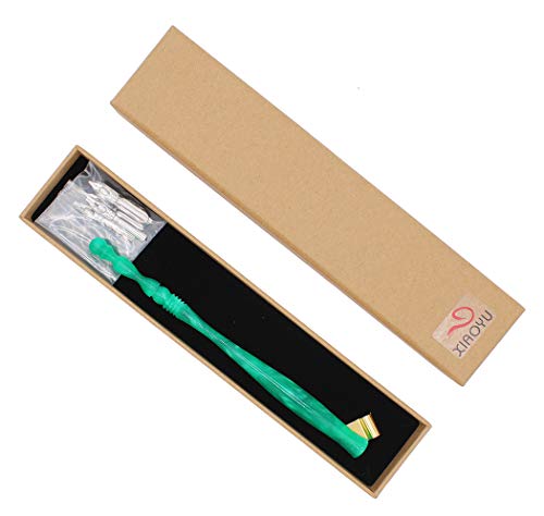 XIAOYU Calligraphy Oblique Nib Pen Holder, English Calligraphy Pen Nib Holder, Resin Dip Pen Handle Nib Holder with 5 Flat Nibs, Green - color: Green
